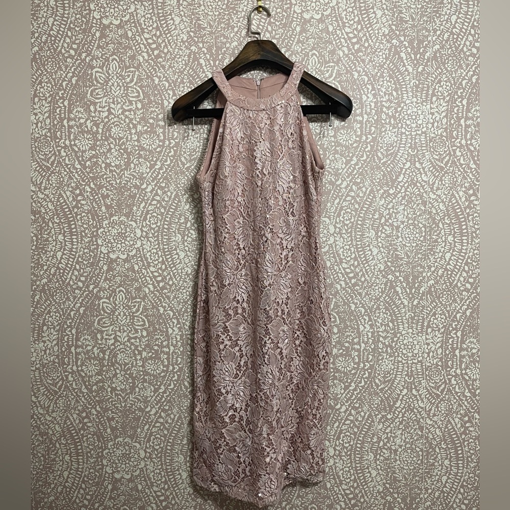 Pink Floral Lace Halter Midi Dress